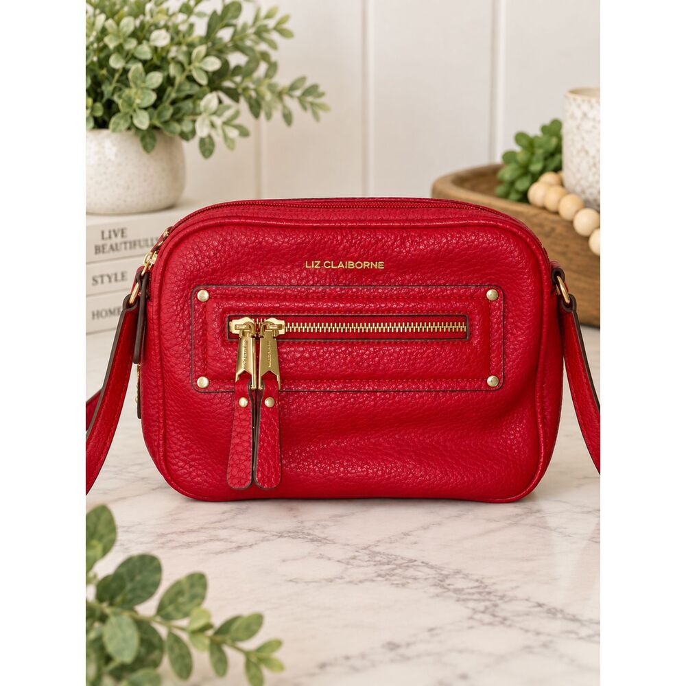 Liz Claiborne Red Pebble Texture Medium Faux Leather Crossbody Handbag Purse
